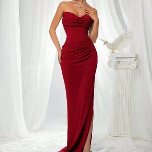 Red Party Women's Elegant Flattering Fitted Strapless Satin maxi Dress